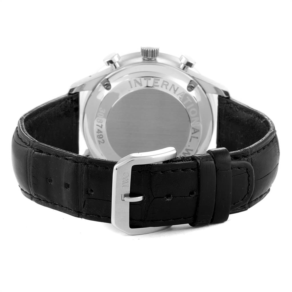 The image shows the back case and leather strap of an IWC Portuguese IW371404 Men's Stainless Steel Black Dial IW371404 Men's Stainless Steel Black Dial model watch from a rear angle.