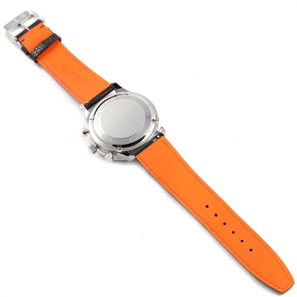 The image shows the back view of an IWC Portuguese IW371438 Men's Stainless Steel Black Dial IW371438 Men's Stainless Steel Black Dial model watch, highlighting the case back and bright orange leather straps.