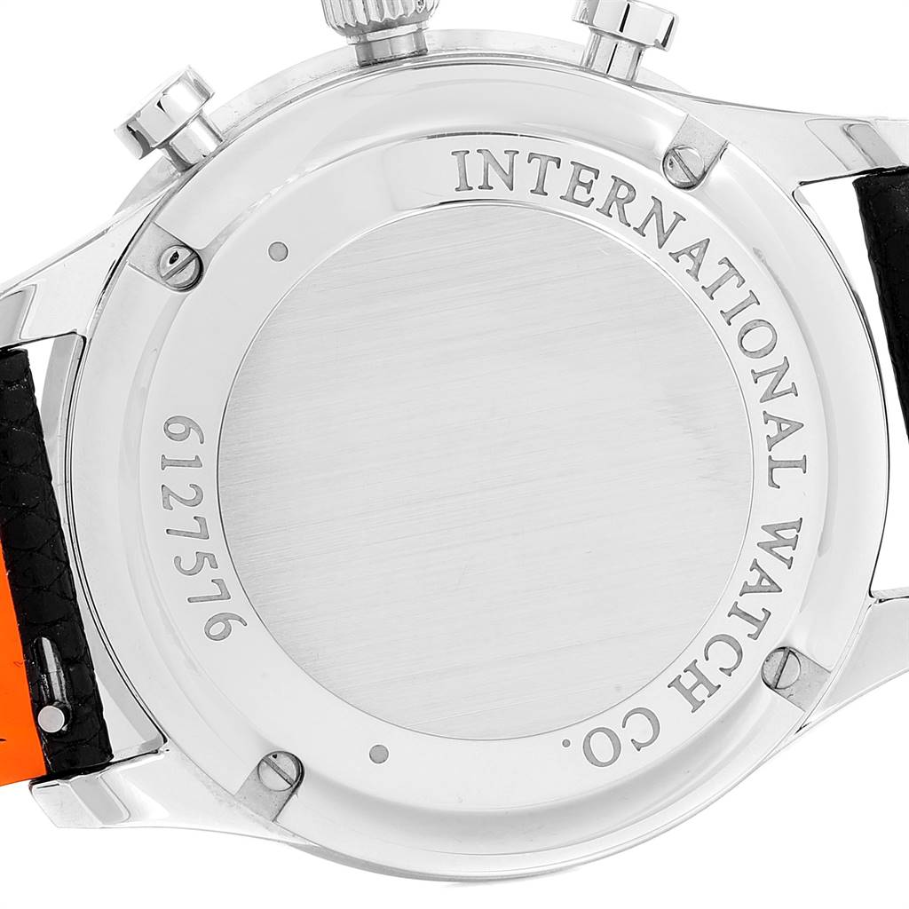 This image shows the back case of an IWC Portuguese IW371438 Men's Stainless Steel Black Dial IW371438 Men's Stainless Steel Black Dial watch, including the branding and some strap attachments.