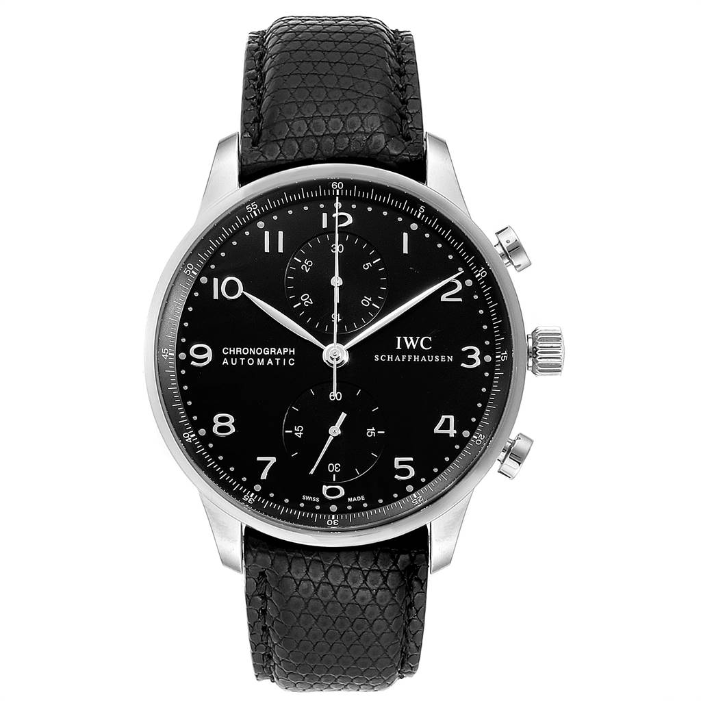 This image shows a front view of the IWC Portuguese IW371438 Men's Stainless Steel Black Dial IW371438 Men's Stainless Steel Black Dial Chronograph watch, highlighting its black dial, leather strap, and chronograph buttons.