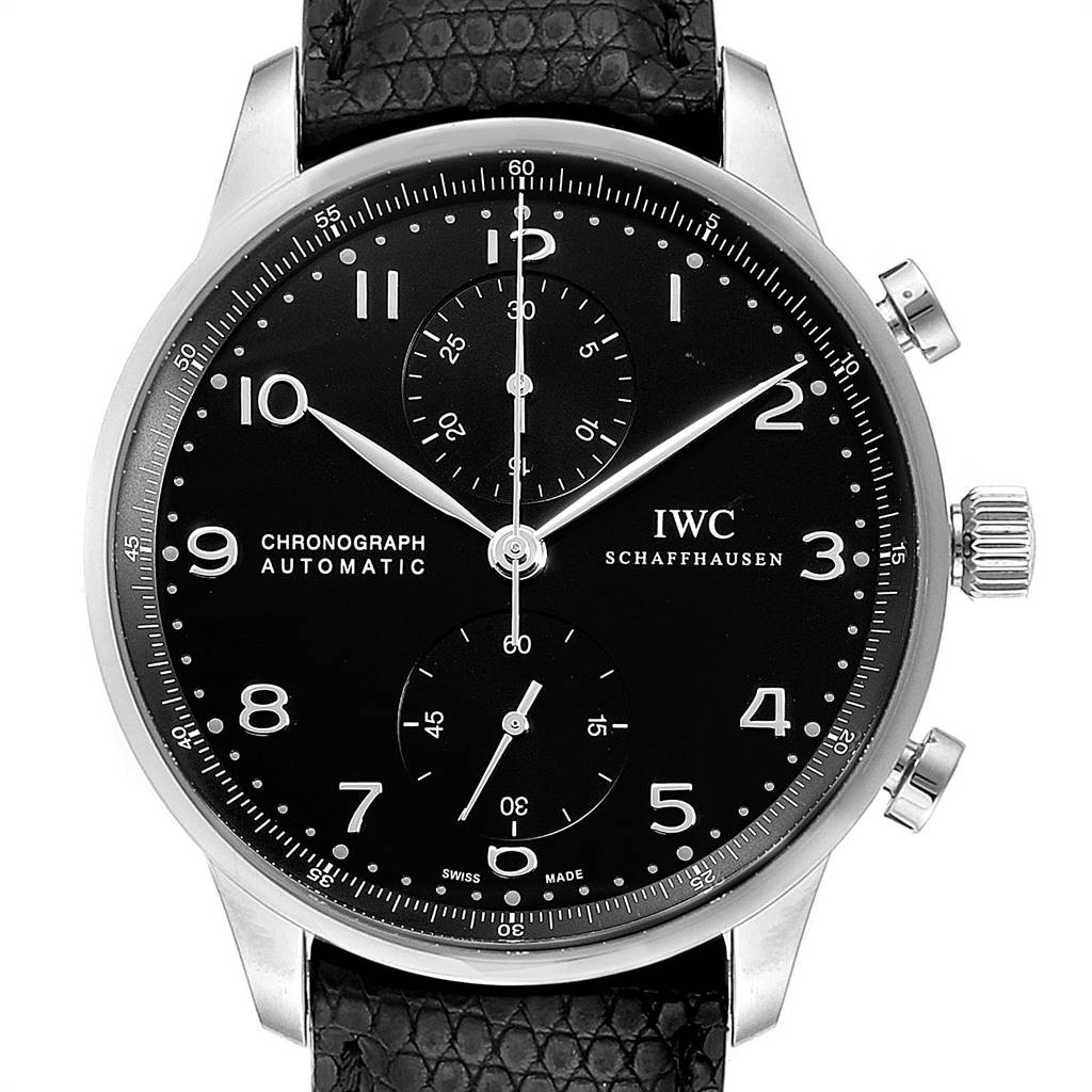 This IWC Portuguese IW371438 Men's Stainless Steel Black Dial IW371438 Men's Stainless Steel Black Dial watch is shown from a frontal angle, displaying the black dial, chronograph subdials, and black leather strap.