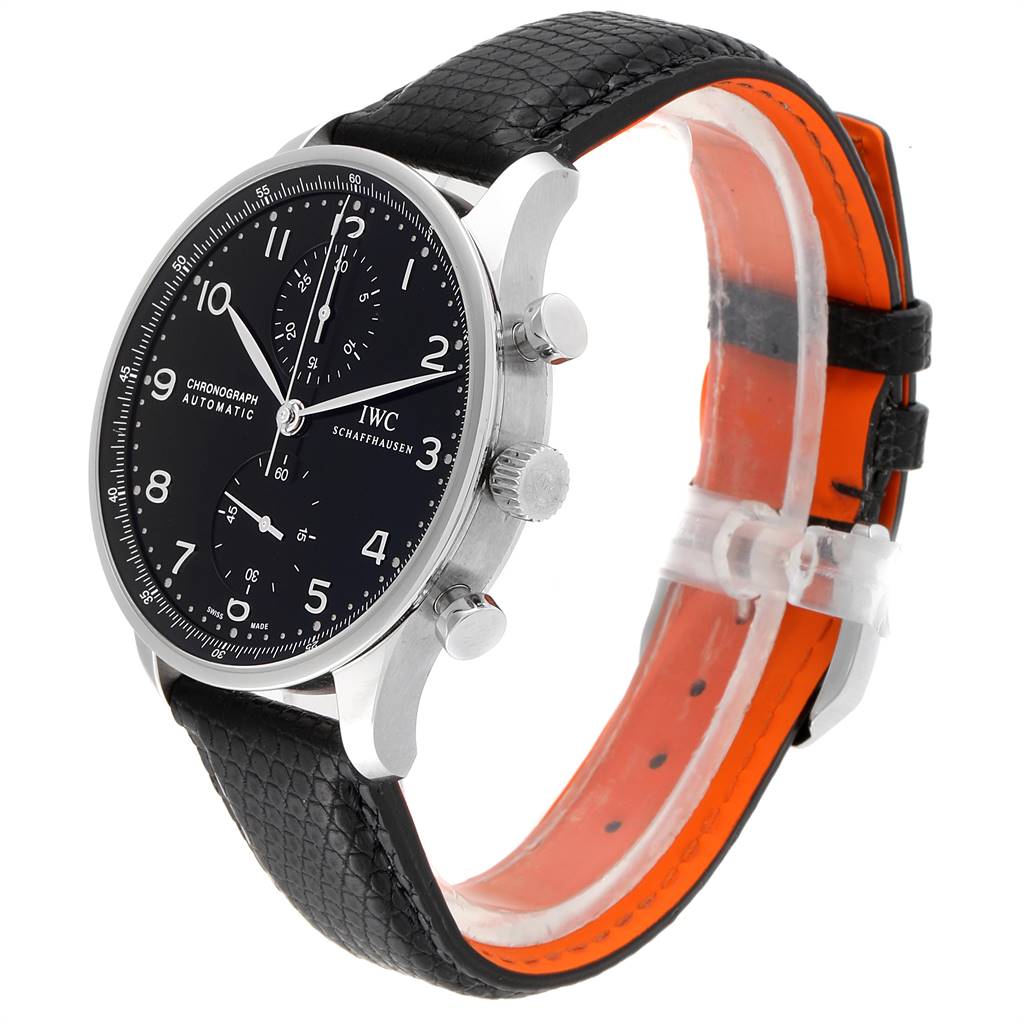 This image shows the front and side view of the IWC Portuguese IW371438 Men's Stainless Steel Black Dial IW371438 Men's Stainless Steel Black Dial watch with a black leather strap and visible crown and pushers.