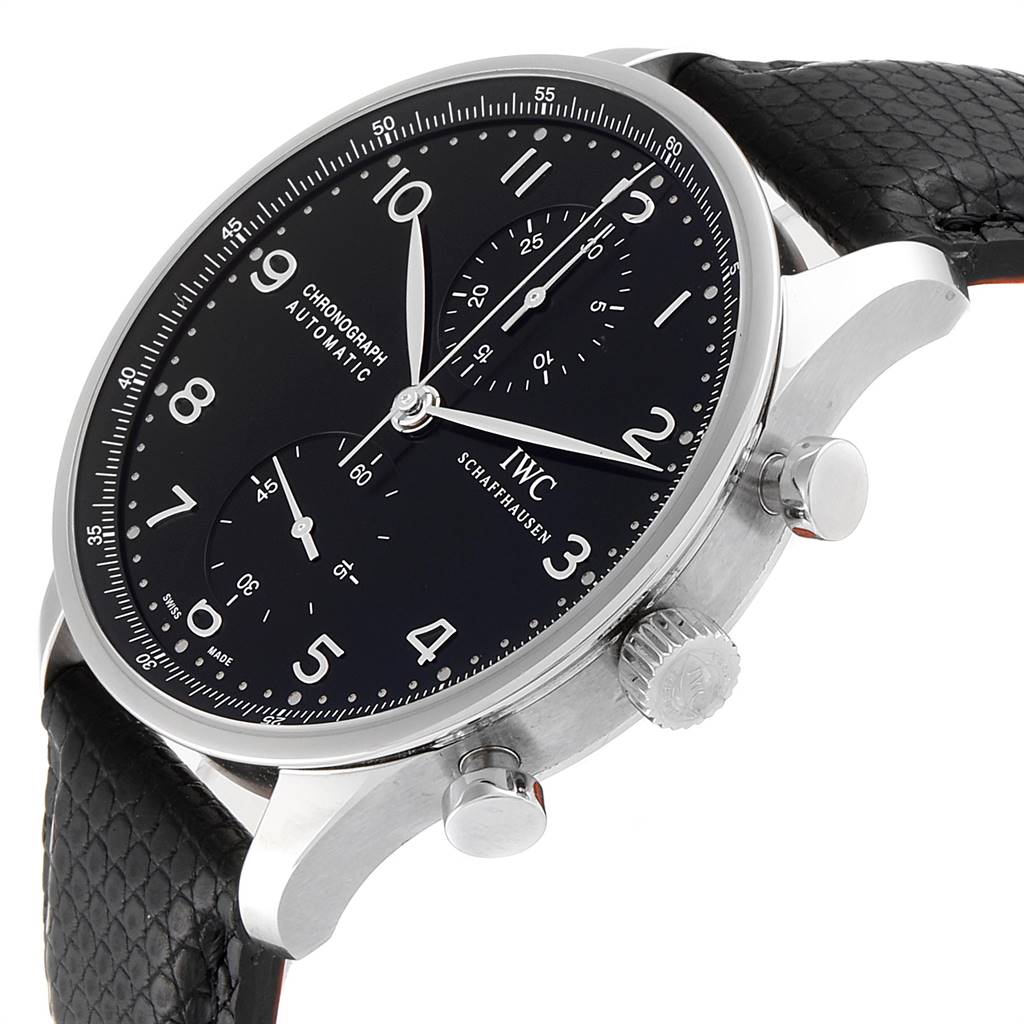 The image shows a side-angle view of an IWC Portuguese IW371438 Men's Stainless Steel Black Dial IW371438 Men's Stainless Steel Black Dial model watch, highlighting the case, crown, pushers, and black leather strap.