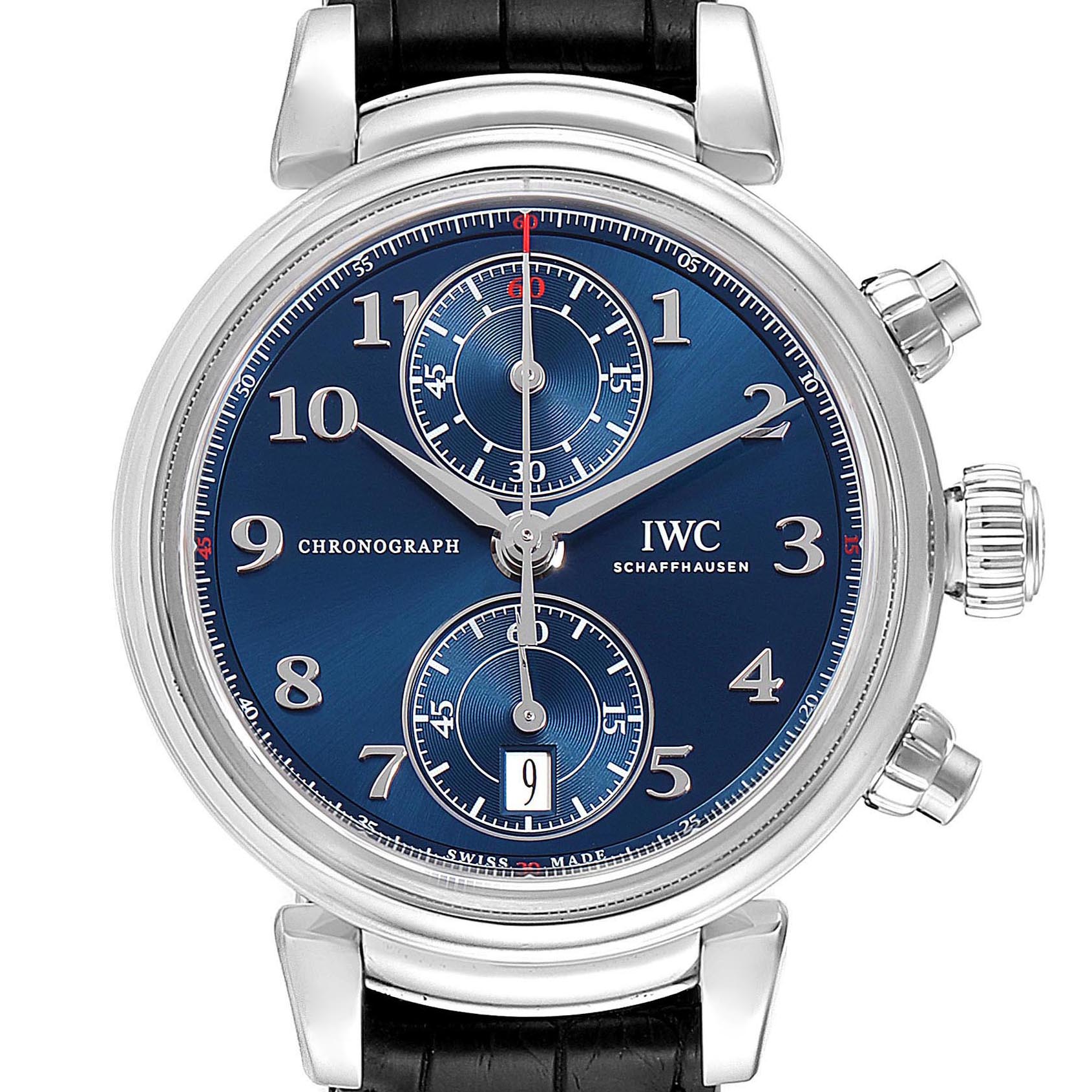 The IWC Da Vinci IW393402 Men's Stainless Steel Blue Dial IW393402 Men's Stainless Steel Blue Dial Chronograph watch is shown from a front angle, displaying its blue dial, chronograph subdials, and leather strap.
