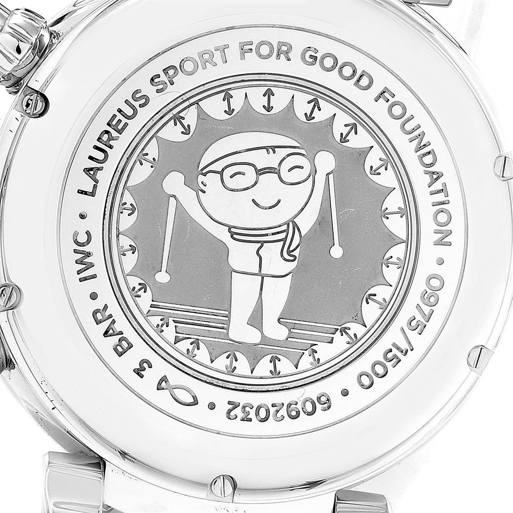 The image shows the engraved case back of an IWC Da Vinci IW393402 Men's Stainless Steel Blue Dial IW393402 Men's Stainless Steel Blue Dial watch at a close angle.