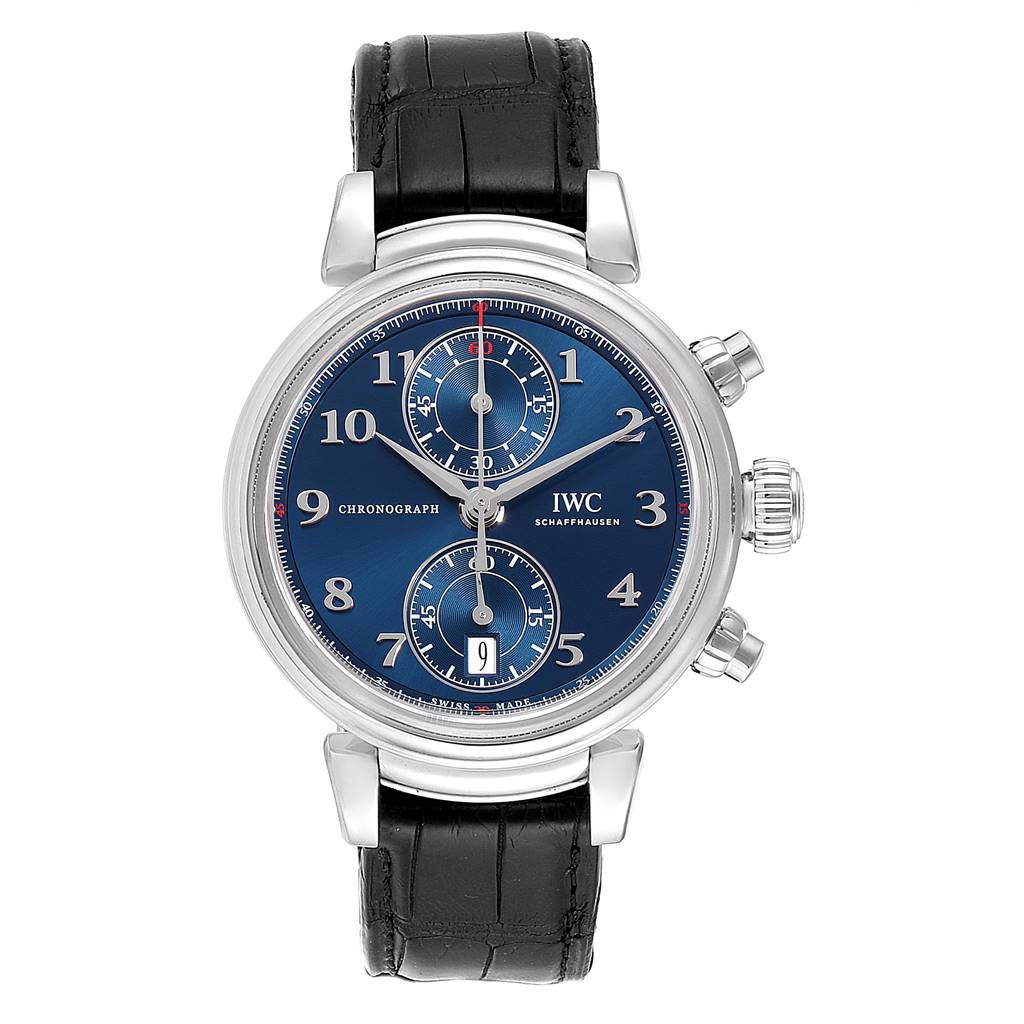 The image shows a front view of the IWC Da Vinci IW393402 Men's Stainless Steel Blue Dial IW393402 Men's Stainless Steel Blue Dial model watch with a blue dial and black leather strap.