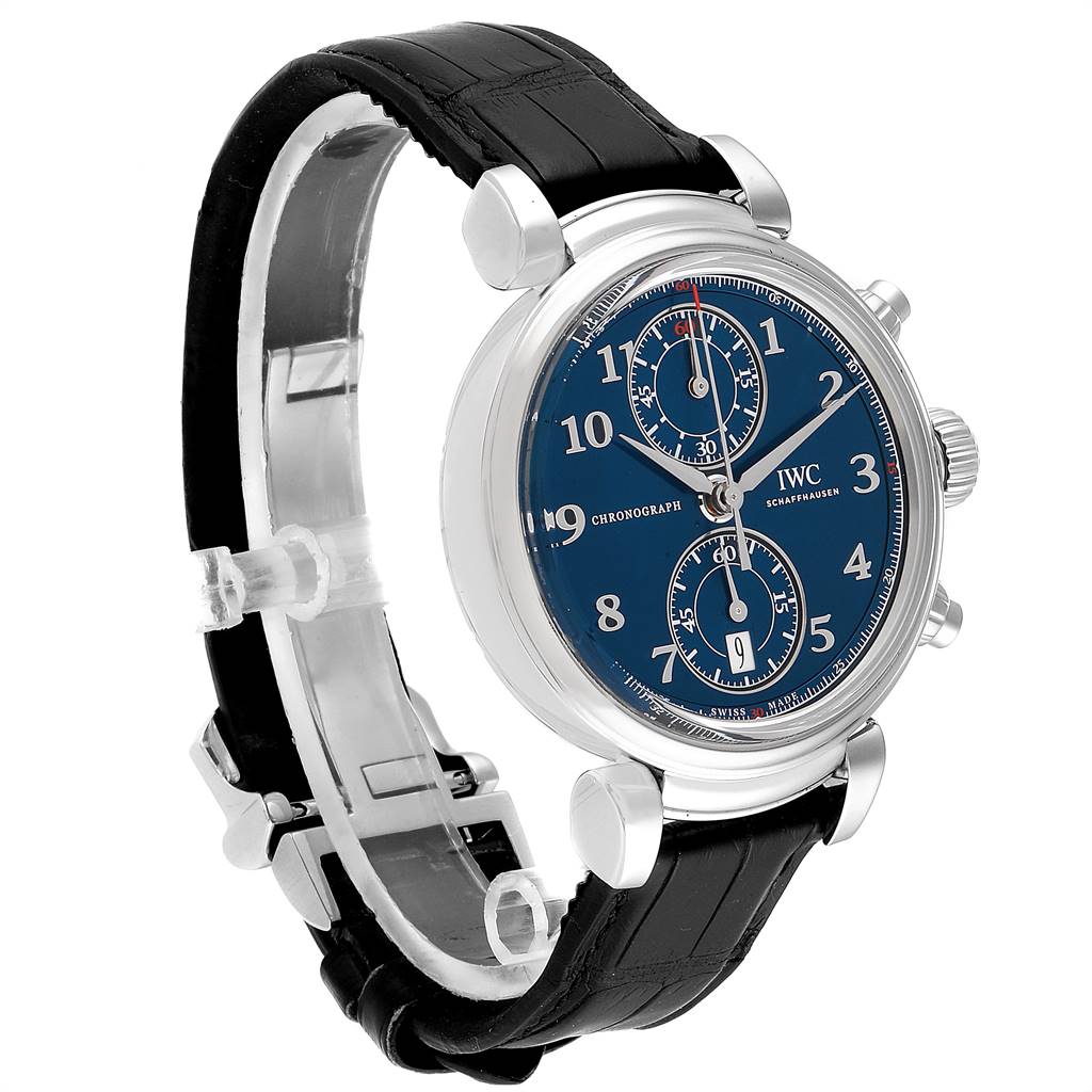 The IWC Da Vinci IW393402 Men's Stainless Steel Blue Dial IW393402 Men's Stainless Steel Blue Dial watch is shown at an angled side view, highlighting its blue dial, chronograph features, and leather strap.