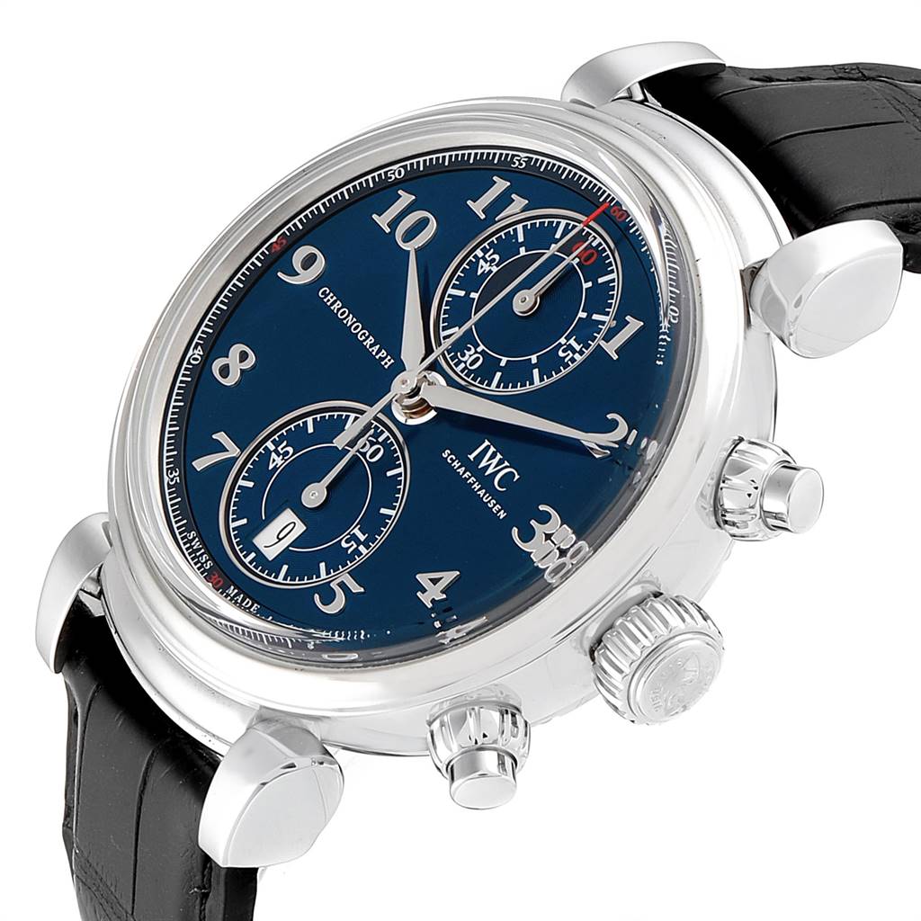The image shows a close-up side angle of an IWC Da Vinci IW393402 Men's Stainless Steel Blue Dial IW393402 Men's Stainless Steel Blue Dial watch, highlighting its dial, subdials, crown, pushers, and leather strap.