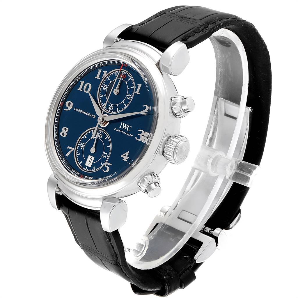 The image shows a right-side angle of the IWC Da Vinci IW393402 Men's Stainless Steel Blue Dial IW393402 Men's Stainless Steel Blue Dial watch, highlighting its face, crown, pushers, and strap.