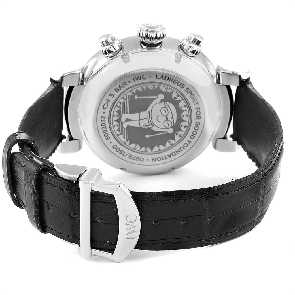 This image shows the back case and leather strap buckle of the IWC Da Vinci IW393402 Men's Stainless Steel Blue Dial IW393402 Men's Stainless Steel Blue Dial watch, highlighting its engravings and strap.