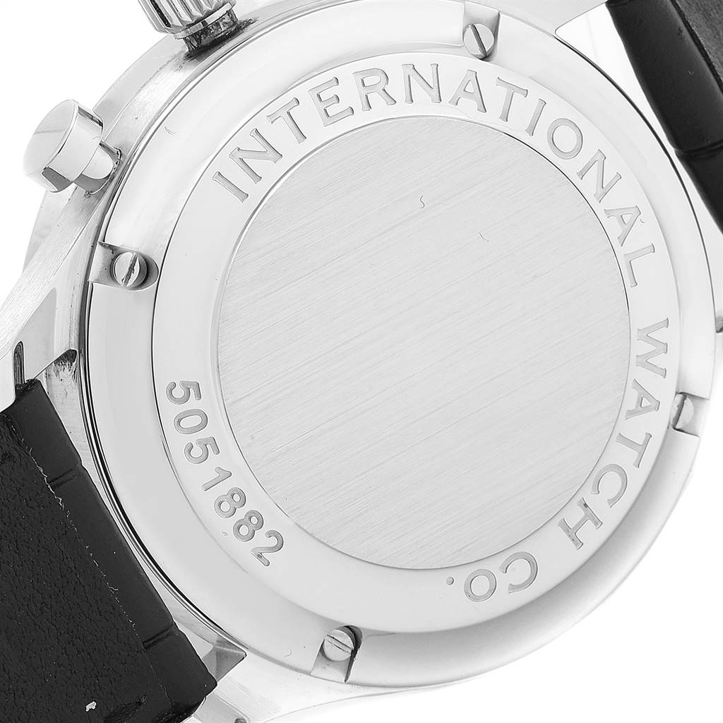 This image shows the backside of the IWC Portuguese IW371445 Men
s Stainless Steel Silver Dial IW371445 Men
s Stainless Steel Silver Dial model watch, displaying the case back and part of the black leather strap.