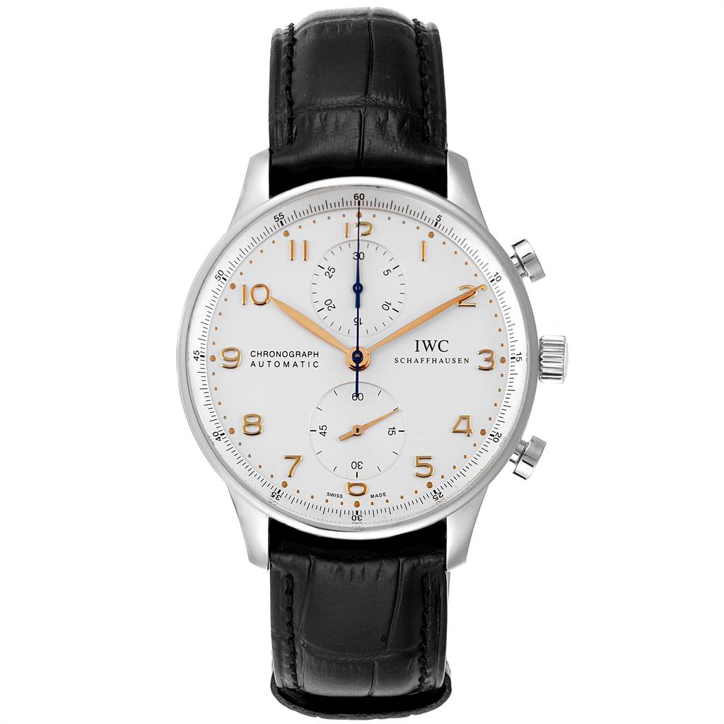 The image shows a front view of the IWC Portuguese IW371445 Men
s Stainless Steel Silver Dial IW371445 Men
s Stainless Steel Silver Dial Chronograph with a white dial and black leather strap.