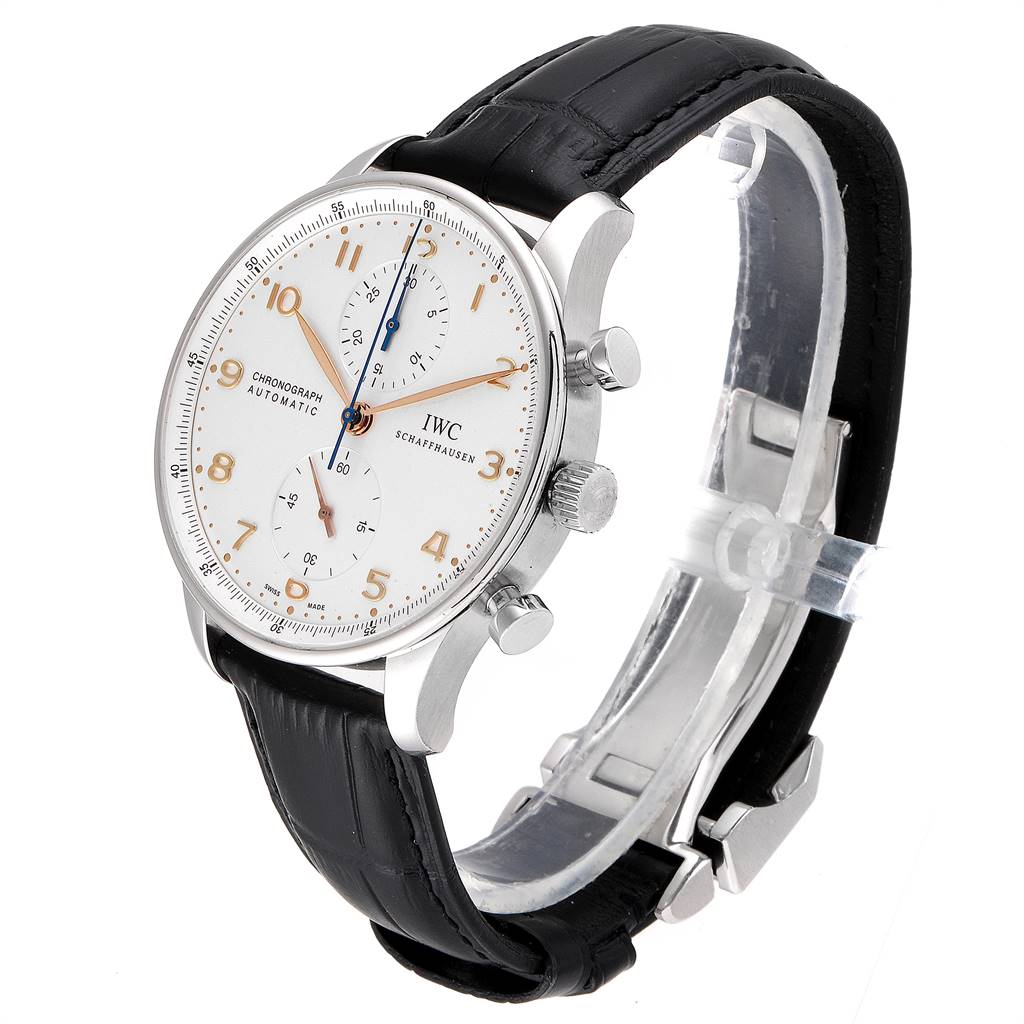 This IWC Portuguese IW371445 Men
s Stainless Steel Silver Dial IW371445 Men
s Stainless Steel Silver Dial model watch is shown at a three-quarter angle, displaying the face, side buttons, crown, and black leather strap.