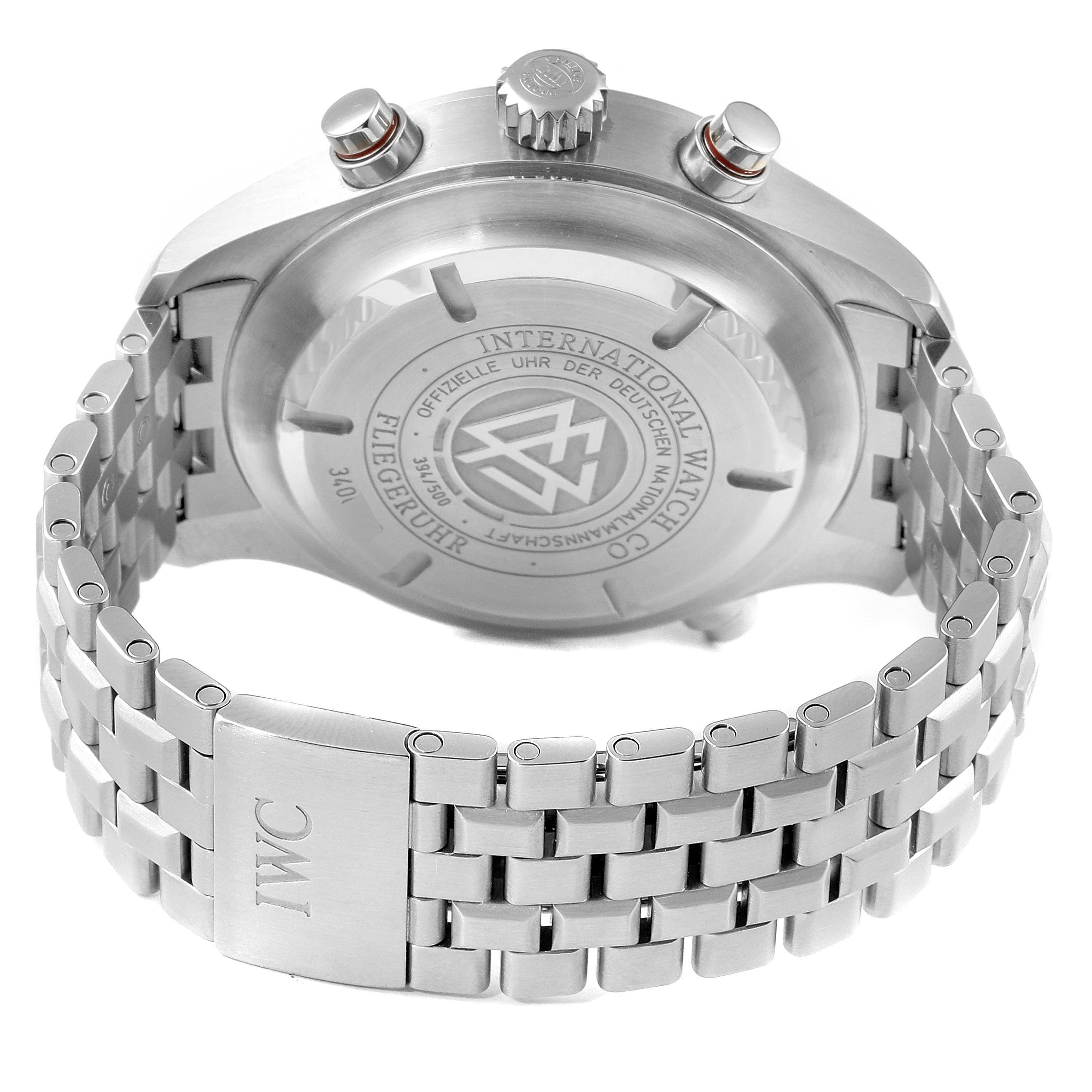 The image shows the back and bracelet clasp of the IWC Pilot IW371803 Men's Stainless Steel White Dial IW371803 Men's Stainless Steel White Dial model watch from an angled view.