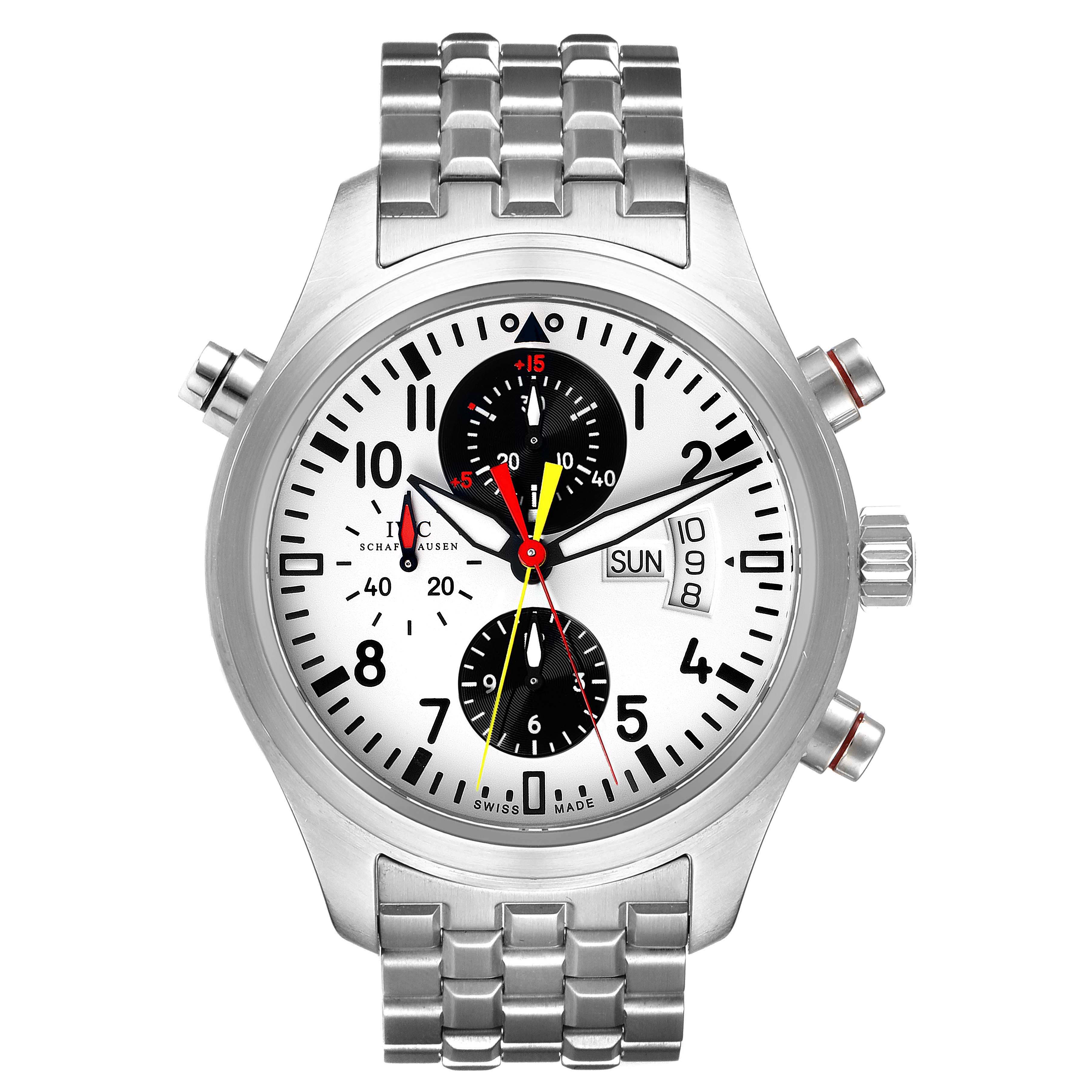 The IWC Pilot IW371803 Men's Stainless Steel White Dial IW371803 Men's Stainless Steel White Dial model watch is shown from the front, showcasing the dial, chronograph subdials, bracelet, and side buttons.