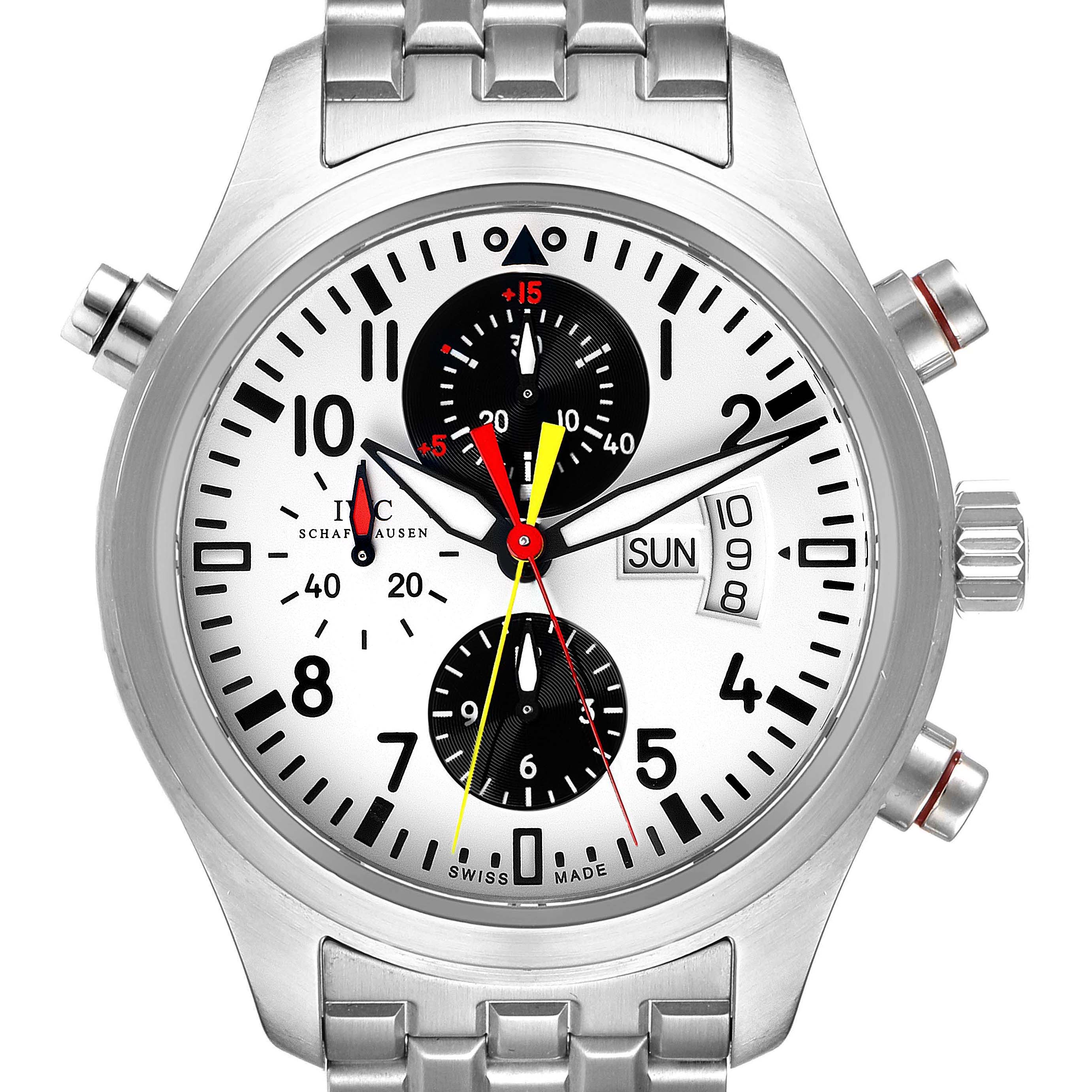 The image shows a frontal view of the IWC Pilot IW371803 Men's Stainless Steel White Dial IW371803 Men's Stainless Steel White Dial watch, displaying its dial, chronograph subdials, and day-date complication.