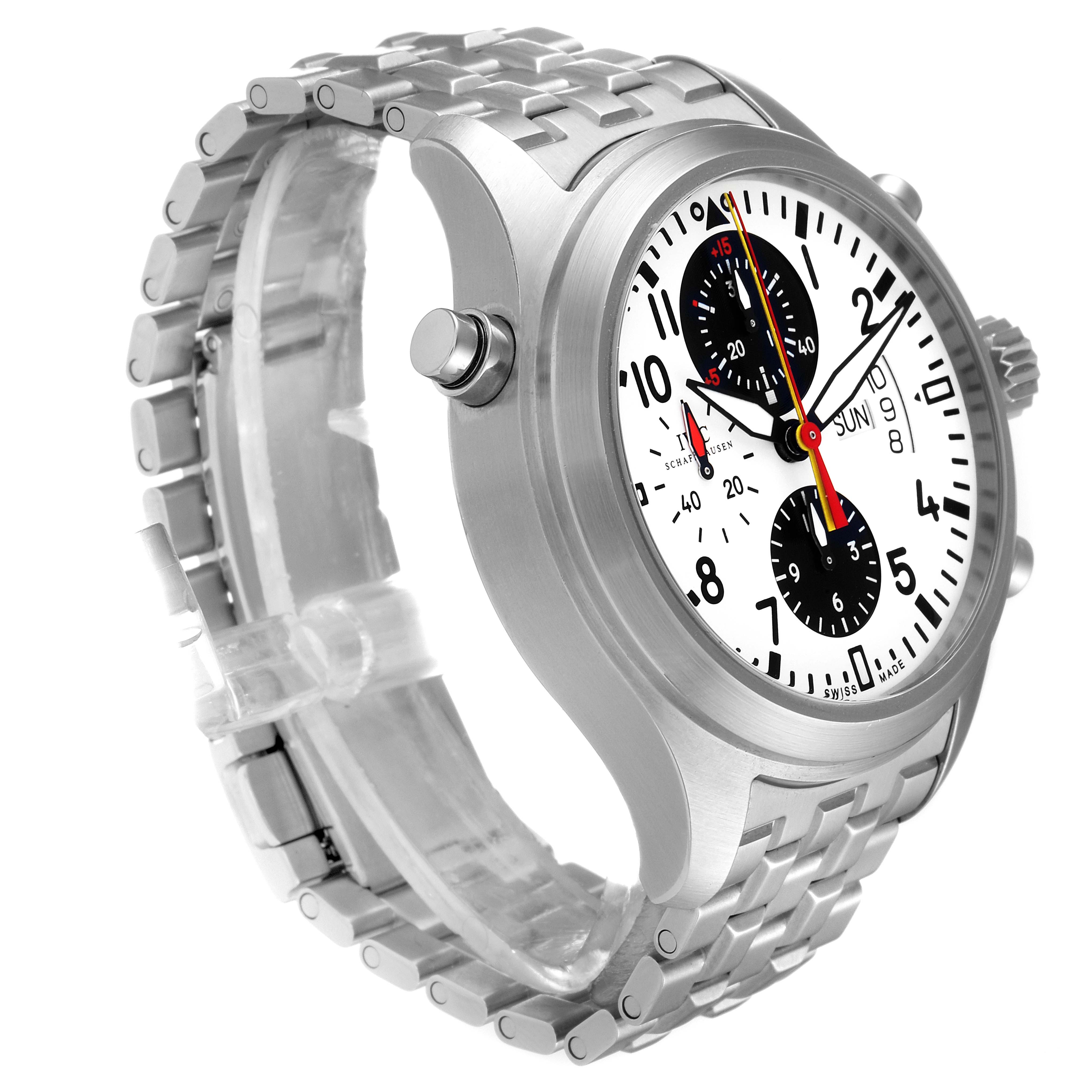 This IWC Pilot IW371803 Men's Stainless Steel White Dial IW371803 Men's Stainless Steel White Dial model watch is shown from a side angle, highlighting the face, crown, pushers, and metal bracelet.