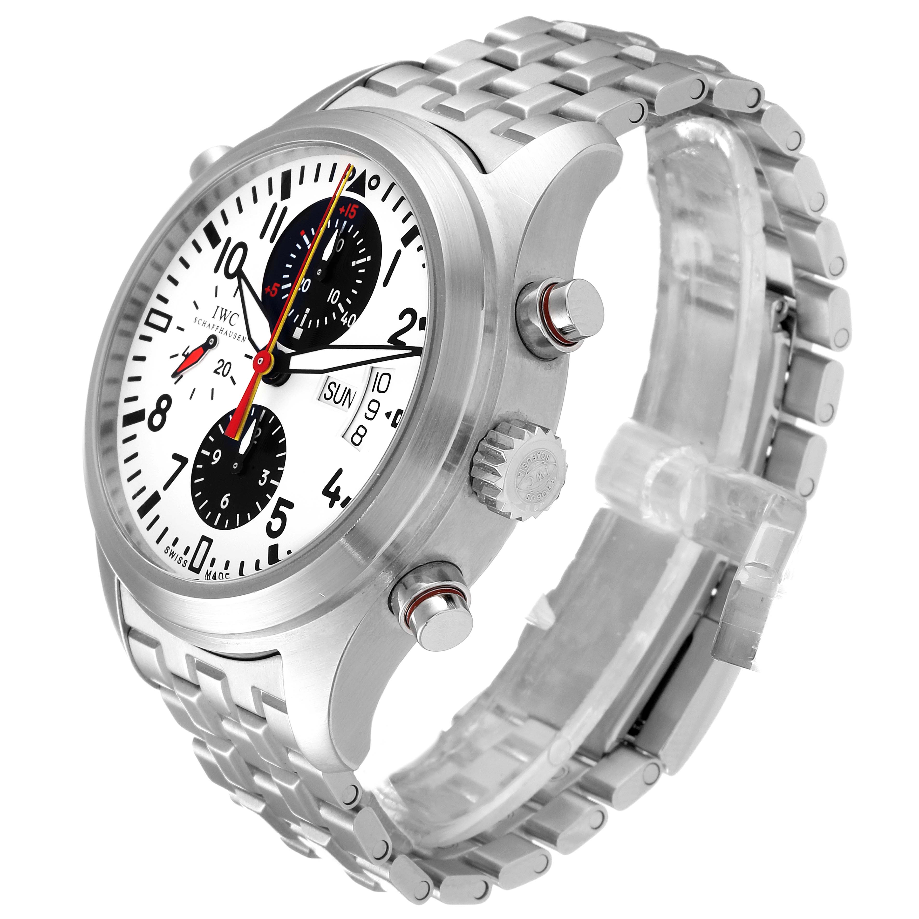 The IWC Pilot IW371803 Men's Stainless Steel White Dial IW371803 Men's Stainless Steel White Dial model watch is shown at an oblique angle, displaying its dial, crown, pushers, and metal bracelet.