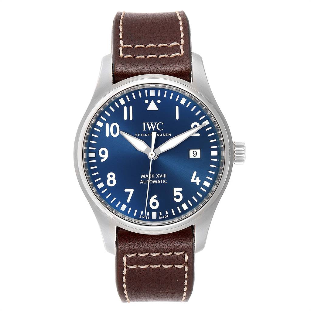 The image shows a front view of the IWC Pilot IW327004 Men's Stainless Steel Blue Dial IW327004 Men's Stainless Steel Blue Dial Mark XVIII watch with a blue dial and a brown leather strap.