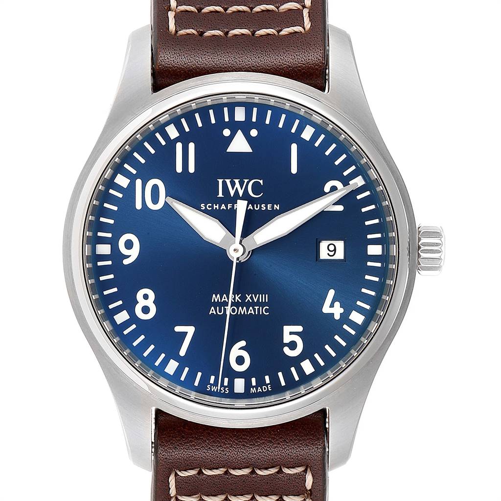 The image shows a front view of the IWC Pilot IW327004 Men's Stainless Steel Blue Dial IW327004 Men's Stainless Steel Blue Dial Mark XVIII watch, displaying its dial, hands, and date window.