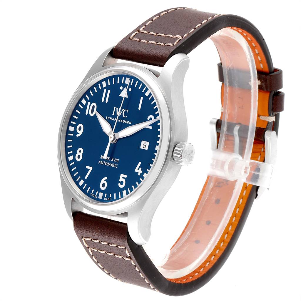 The image shows an IWC Pilot IW327004 Men's Stainless Steel Blue Dial IW327004 Men's Stainless Steel Blue Dial Mark XVIII watch at a three-quarter angle, displaying the dial, case, and leather strap.