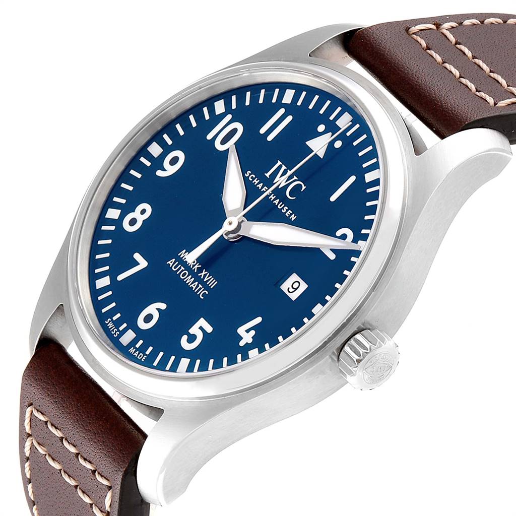 This image shows a close-up angle of the IWC Pilot IW327004 Men's Stainless Steel Blue Dial IW327004 Men's Stainless Steel Blue Dial Mark XVIII watch, highlighting the face, case, crown, and part of the leather strap.