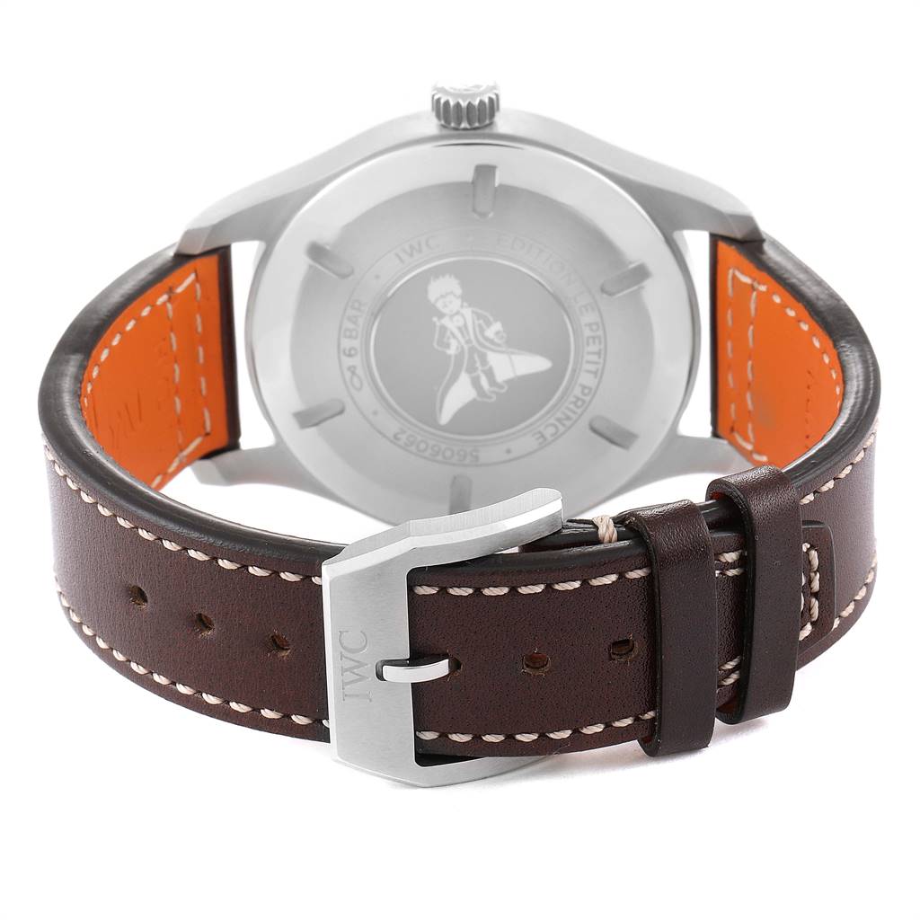 The image shows the back of the IWC Pilot IW327004 Men's Stainless Steel Blue Dial IW327004 Men's Stainless Steel Blue Dial model watch, highlighting the leather strap and buckle with IWC engraving.