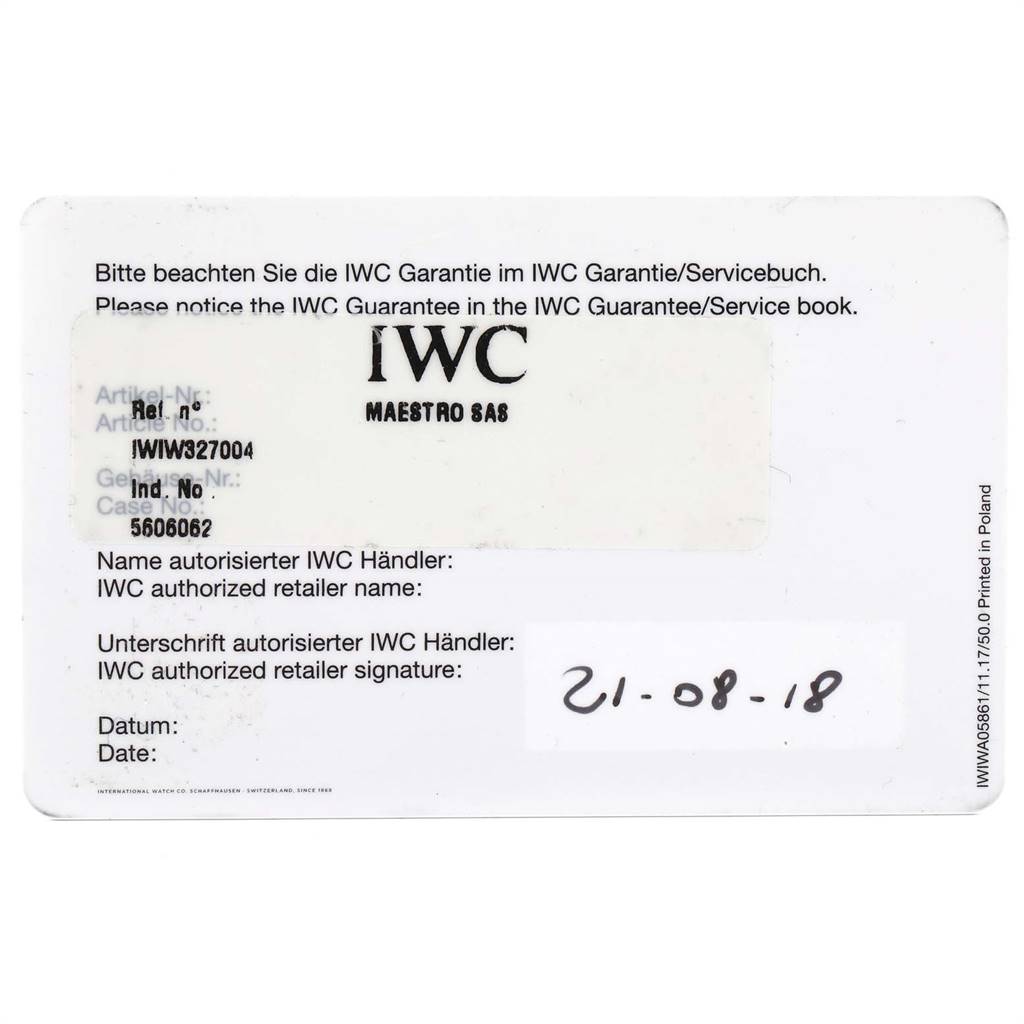 This image shows the IWC Pilot IW327004 Men's Stainless Steel Blue Dial IW327004 Men's Stainless Steel Blue Dial model warranty card, including reference, article, and identification numbers.