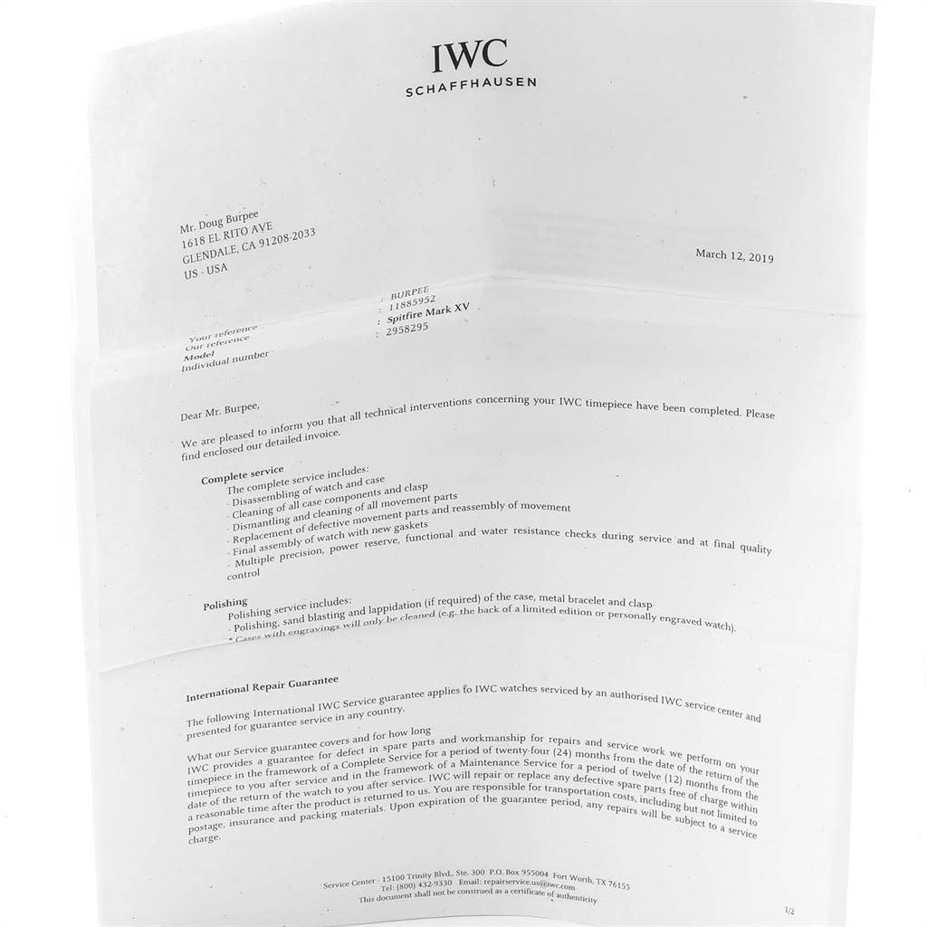 The document details technical interventions for an IWC Pilot IW325505 Men's Stainless Steel Silver Dial IW325505 Men's Stainless Steel Silver Dial Spitfire Mark XV watch in a letter format.