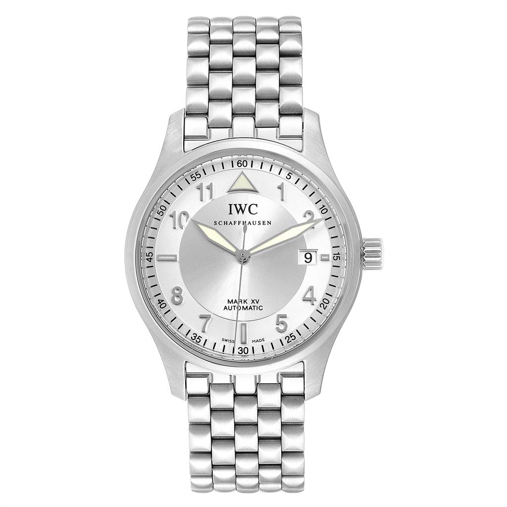 The image shows a front view of an IWC Pilot IW325505 Men's Stainless Steel Silver Dial IW325505 Men's Stainless Steel Silver Dial model watch, featuring the dial, bracelet, and crown.