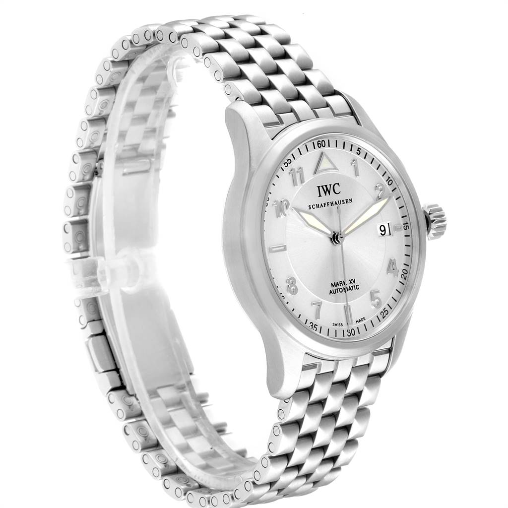 This image shows an IWC Pilot IW325505 Men's Stainless Steel Silver Dial IW325505 Men's Stainless Steel Silver Dial Mark XV watch from a front angle, focusing on the dial and metal bracelet.