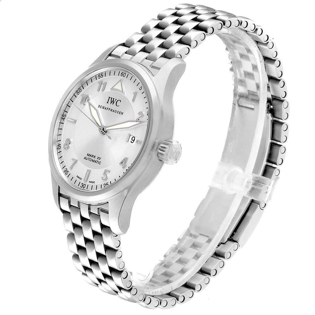 The IWC Pilot IW325505 Men's Stainless Steel Silver Dial IW325505 Men's Stainless Steel Silver Dial Mark XV watch is shown at an angled view displaying its dial, crown, and metal bracelet.