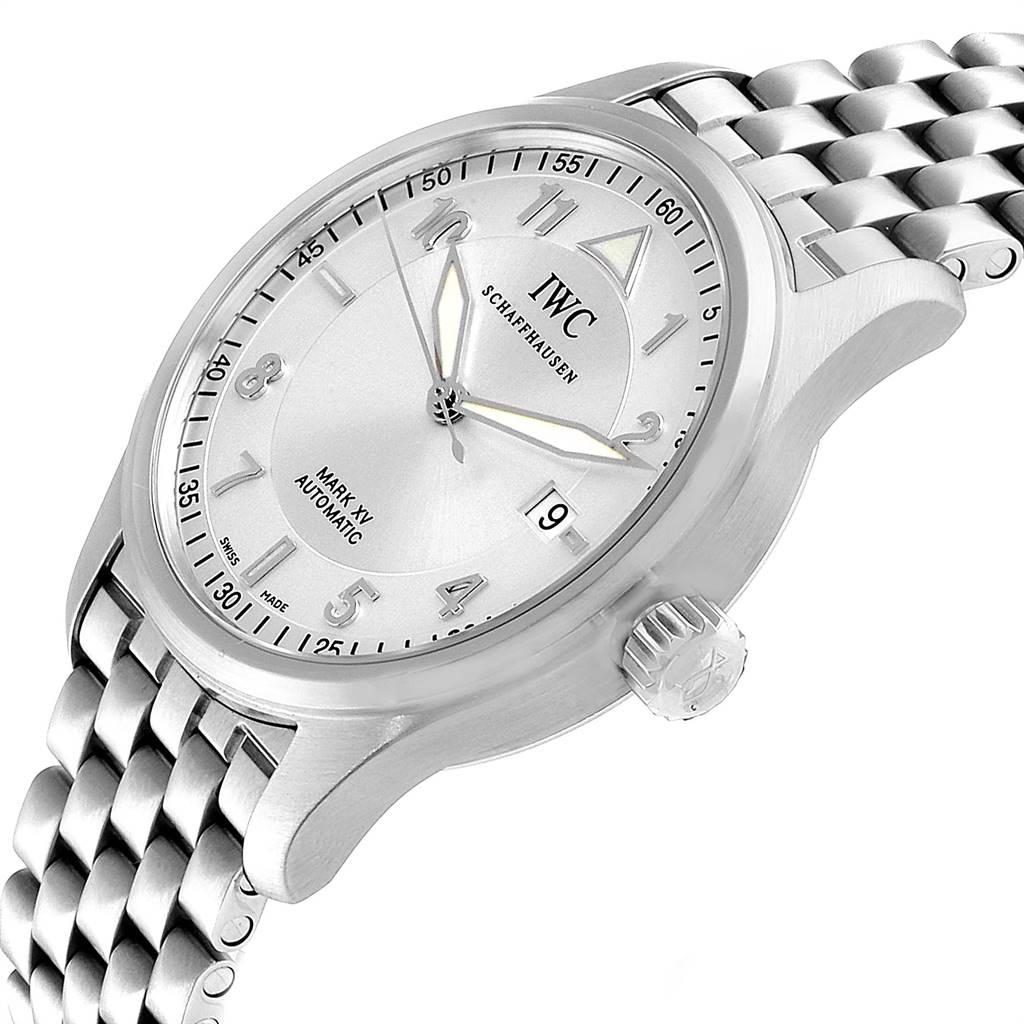 The image shows the IWC Pilot IW325505 Men's Stainless Steel Silver Dial IW325505 Men's Stainless Steel Silver Dial Mark XV Automatic watch from a three-quarter angle, highlighting the face, crown, and metal bracelet.