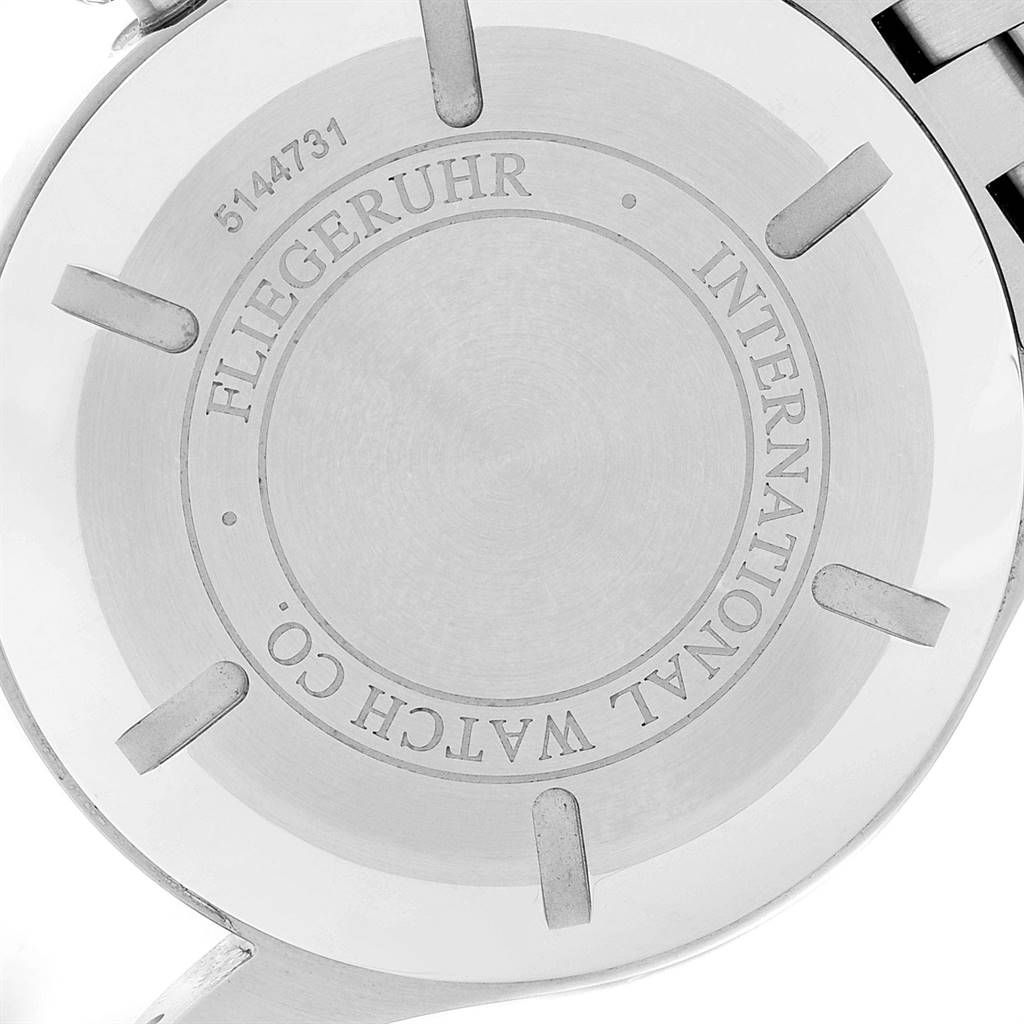 This image shows the back case of an IWC Pilot IW326504 Men's Stainless Steel Black Dial IW326504 Men's Stainless Steel Black Dial model watch.