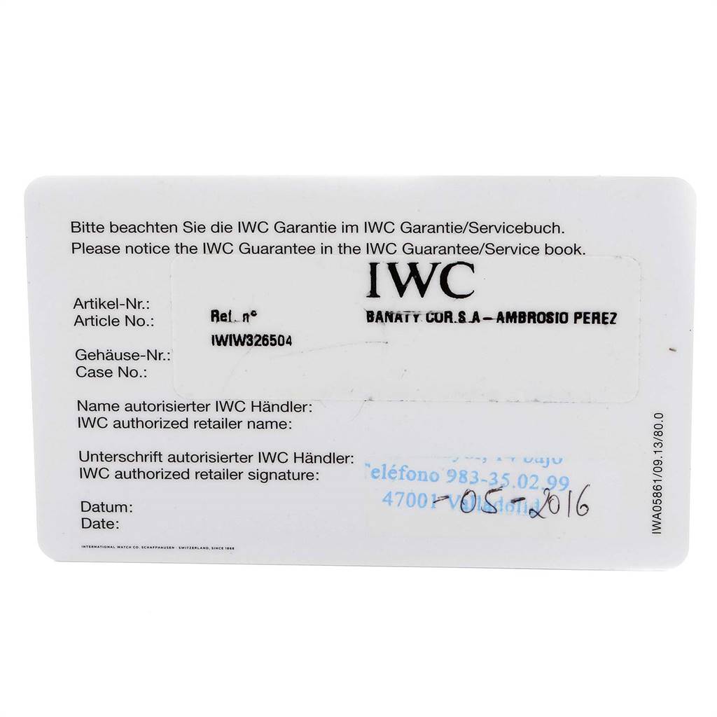 This image shows the guarantee card for an IWC Pilot IW326504 Men's Stainless Steel Black Dial IW326504 Men's Stainless Steel Black Dial model watch with details such as article and case numbers.