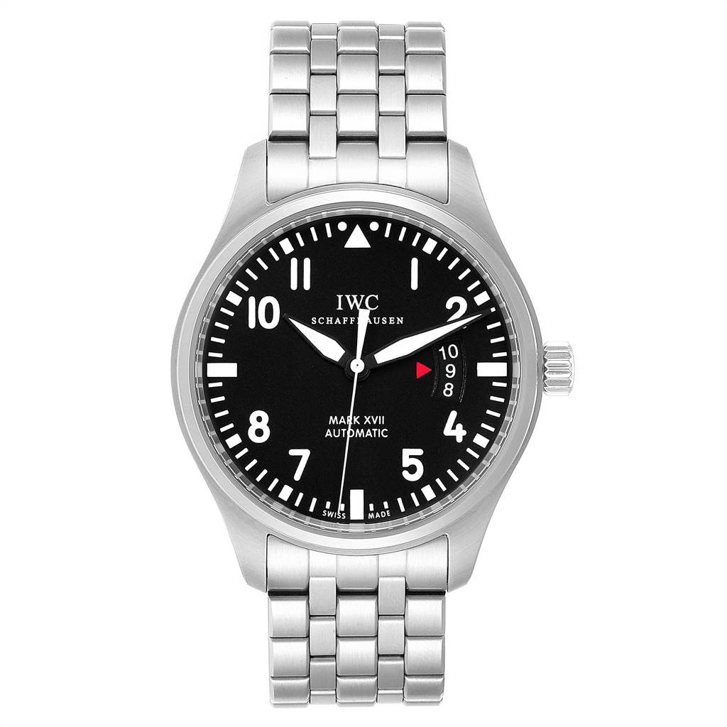 The image shows a front view of the IWC Pilot IW326504 Men's Stainless Steel Black Dial IW326504 Men's Stainless Steel Black Dial Mark XVII watch with a stainless steel bracelet.
