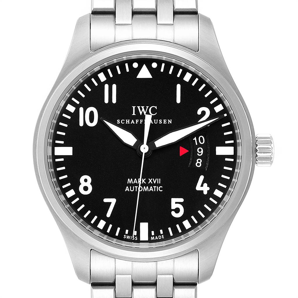 The image shows a front view of the IWC Pilot IW326504 Men's Stainless Steel Black Dial IW326504 Men's Stainless Steel Black Dial Mark XVII watch, displaying the dial, crown, and part of the bracelet.