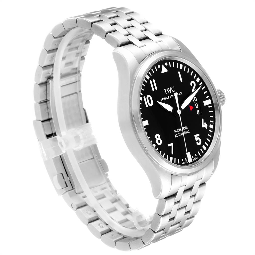 The image shows an angled view of the IWC Pilot IW326504 Men's Stainless Steel Black Dial IW326504 Men's Stainless Steel Black Dial model watch, highlighting its face, bezel, and stainless steel bracelet.