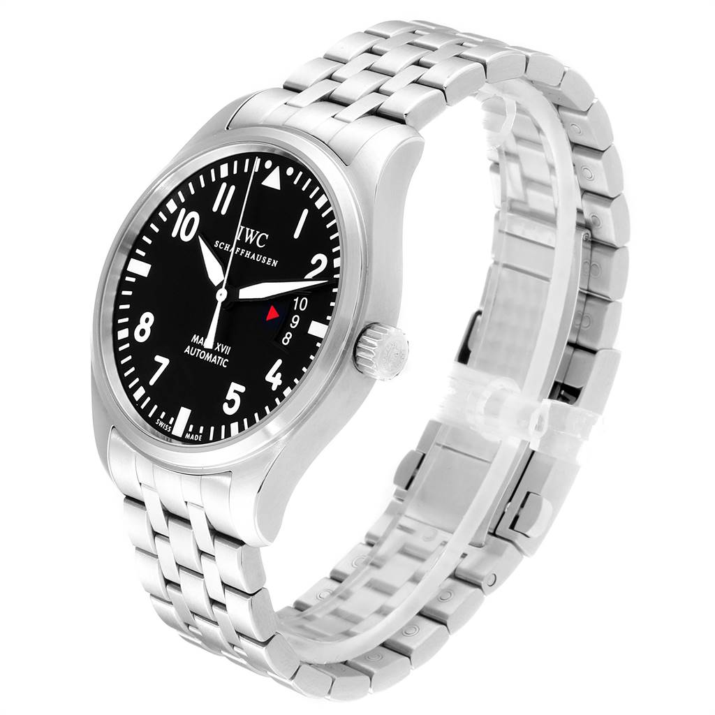 The image shows an IWC Pilot IW326504 Men's Stainless Steel Black Dial IW326504 Men's Stainless Steel Black Dial watch at an oblique angle, highlighting the dial, bezel, crown, and metal bracelet.