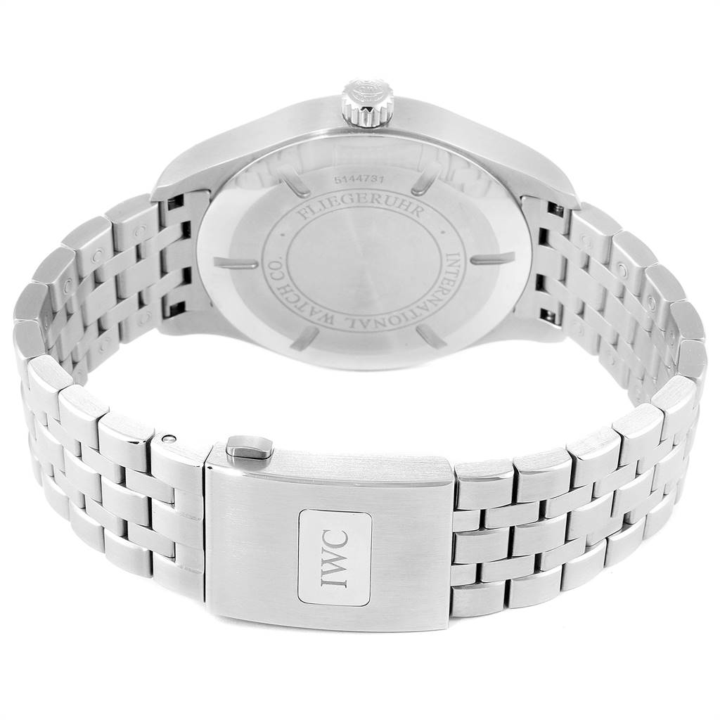 The image shows the back view of an IWC Pilot IW326504 Men's Stainless Steel Black Dial IW326504 Men's Stainless Steel Black Dial watch, highlighting the case back, crown, and metal bracelet with clasp.