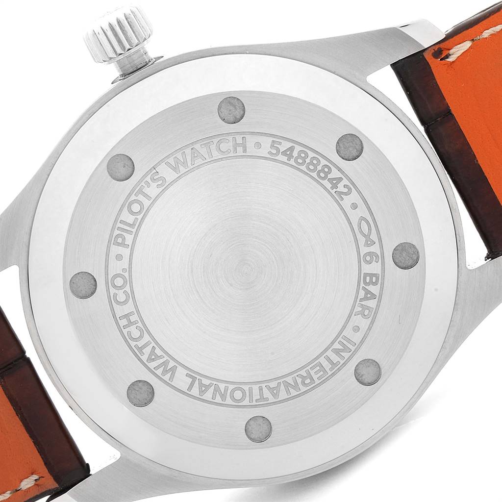 The image shows the back case and crown of an IWC Pilot 5524G Men
s Stainless Steel Grey Dial 5524G Men
s Stainless Steel Grey Dial model watch.