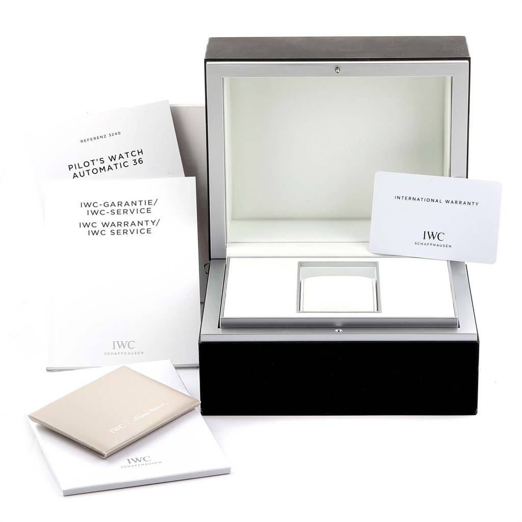 The image shows the open box and accompanying documents for the IWC Pilot 5524G Men
s Stainless Steel Grey Dial 5524G Men
s Stainless Steel Grey Dial
s Watch model.