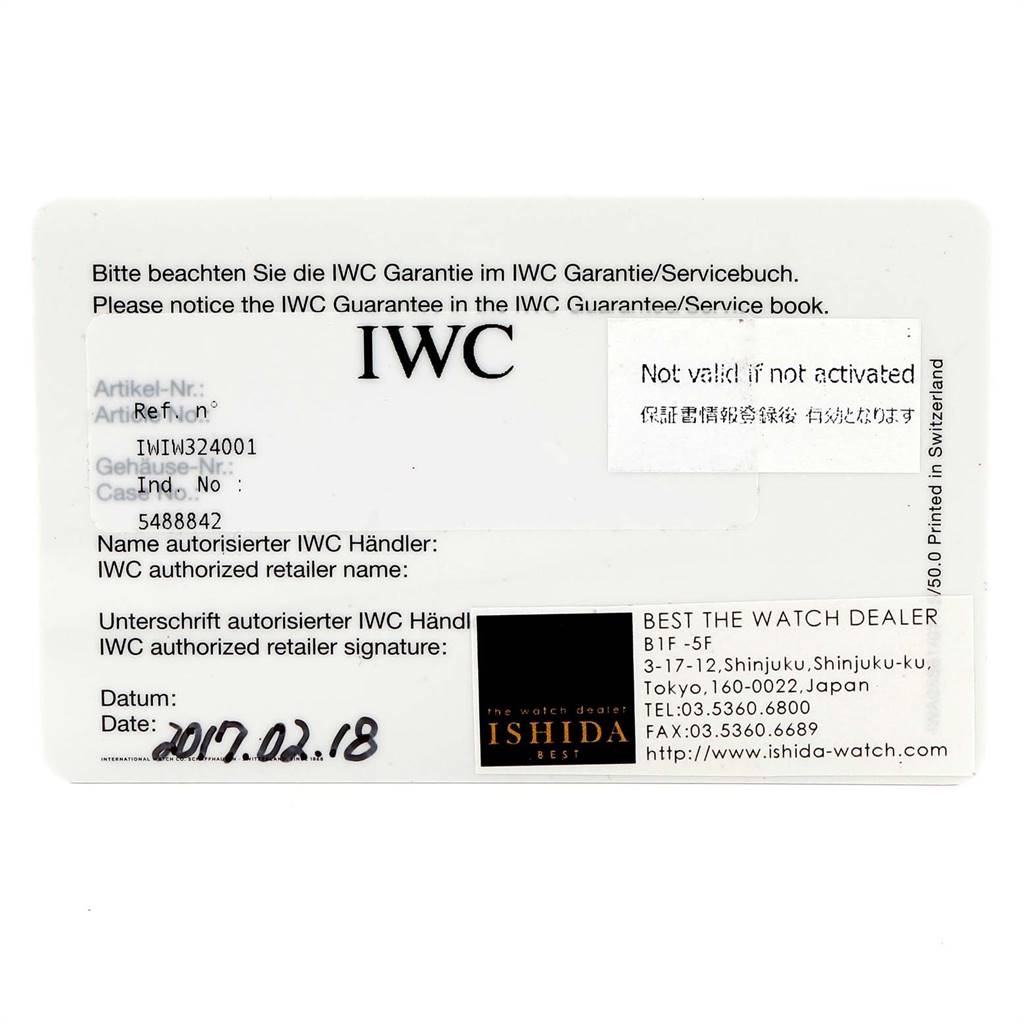 The image shows a warranty card for the IWC Pilot 5524G Men
s Stainless Steel Grey Dial 5524G Men
s Stainless Steel Grey Dial model watch, including details like the serial number and dealer information.