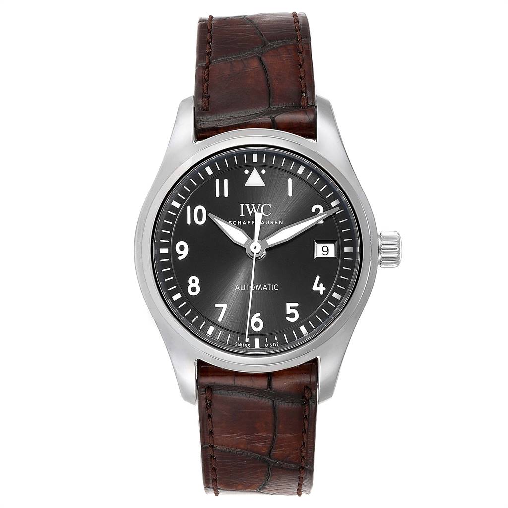 This is a front view of the IWC Pilot 5524G Men
s Stainless Steel Grey Dial 5524G Men
s Stainless Steel Grey Dial model watch, showcasing the dial, bezel, crown, and leather strap.