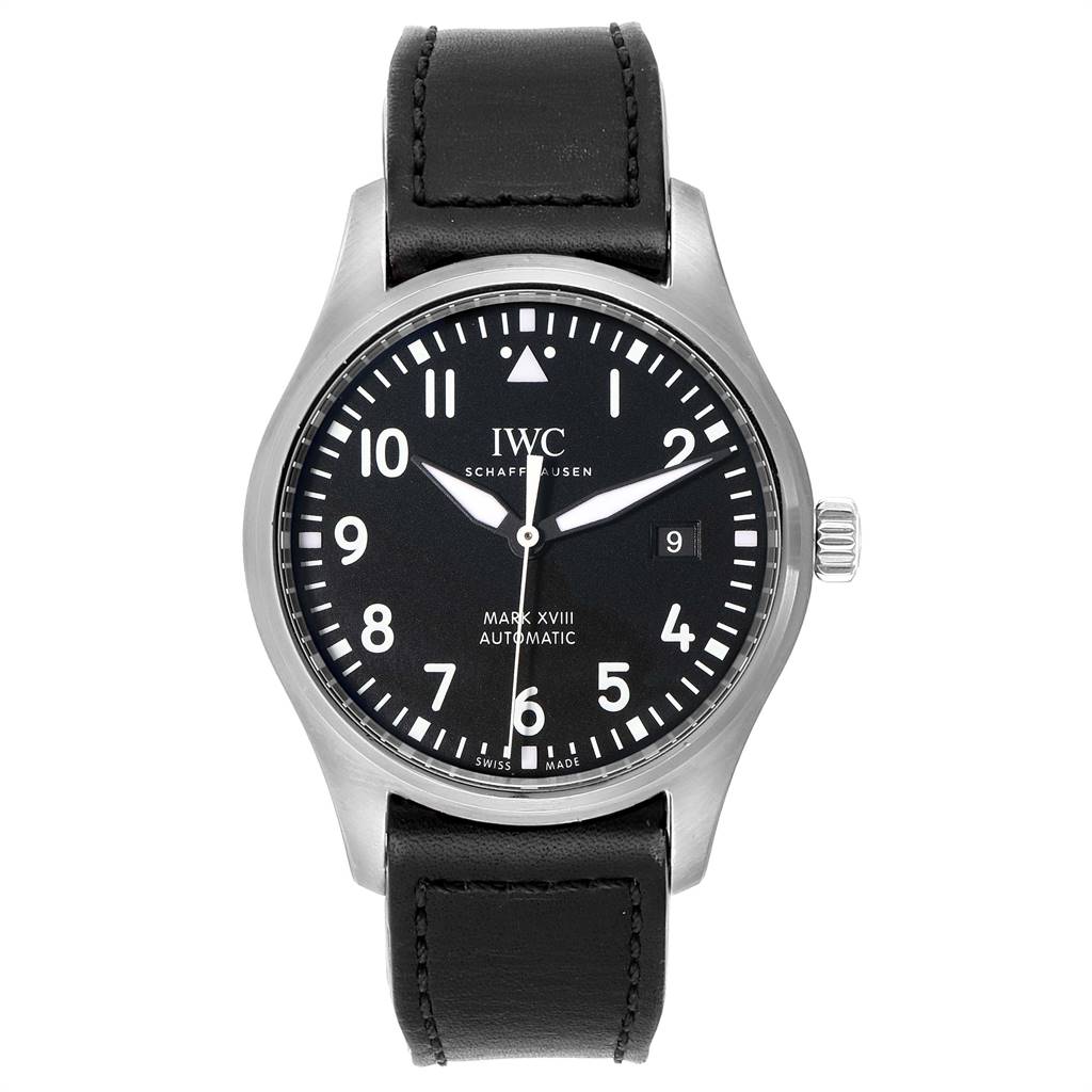 This image shows a front view of the IWC Pilot IW327001 Men's Stainless Steel Black Dial IW327001 Men's Stainless Steel Black Dial Mark XVIII watch, showcasing its dial, hands, numerals, case, and strap.