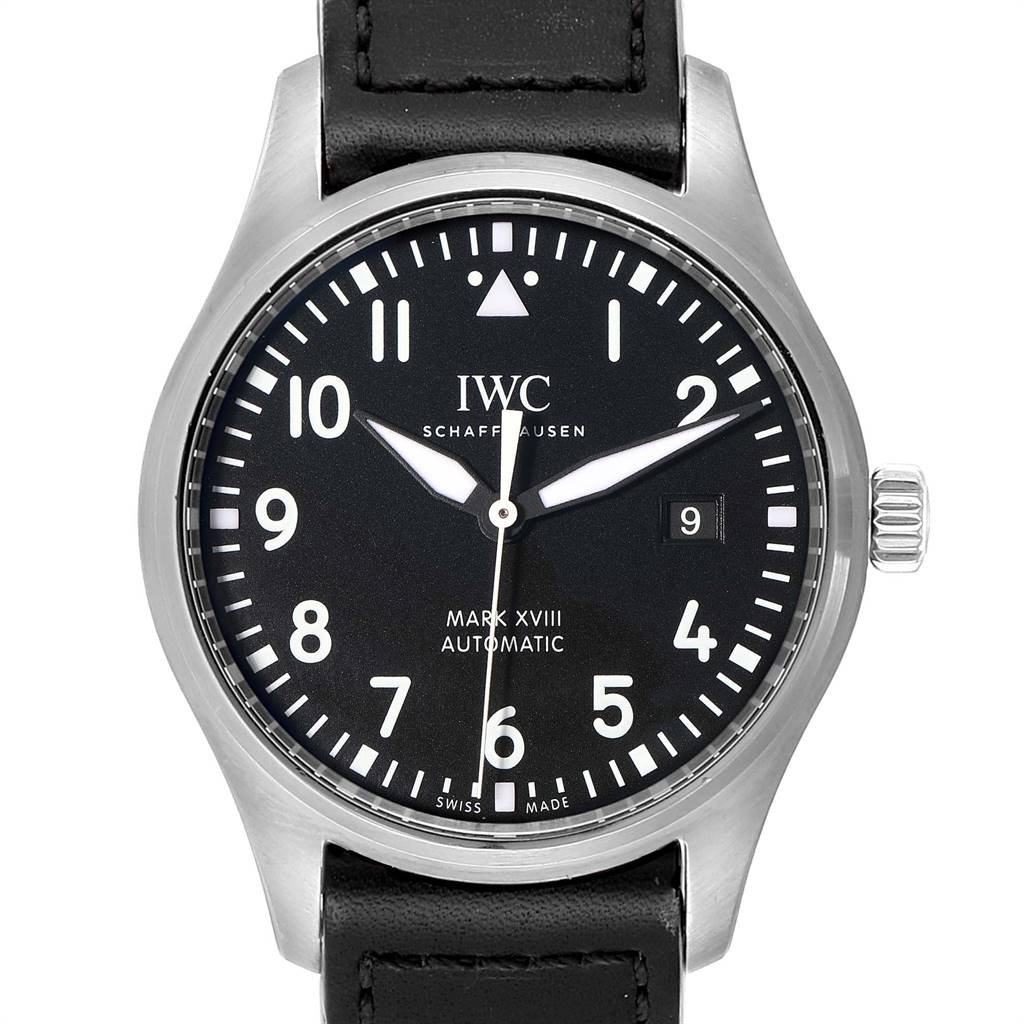 This is a front view of an IWC Pilot IW327001 Men's Stainless Steel Black Dial IW327001 Men's Stainless Steel Black Dial Mark XVIII watch, showing the dial, date window, and part of the black leather strap.
