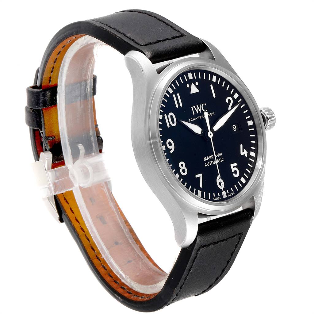 The IWC Pilot IW327001 Men's Stainless Steel Black Dial IW327001 Men's Stainless Steel Black Dial watch model is shown at a slight side angle, displaying its face, crown, and leather strap.