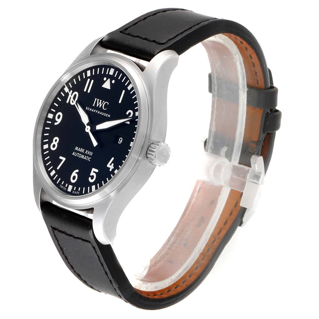 The IWC Pilot IW327001 Men's Stainless Steel Black Dial IW327001 Men's Stainless Steel Black Dial's Watch Mark XVIII is shown at an angled side view, displaying the dial, crown, and black leather strap.