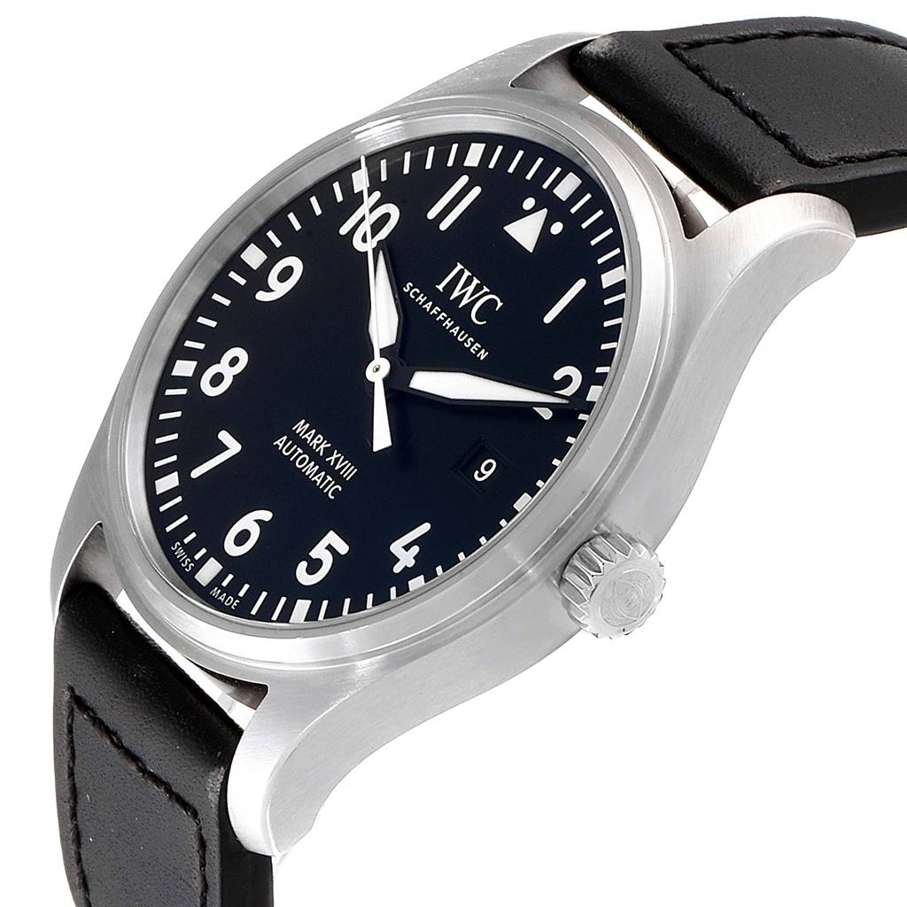 The image shows the IWC Pilot IW327001 Men's Stainless Steel Black Dial IW327001 Men's Stainless Steel Black Dial watch, Mark XVIII Automatic model, angled to display the dial, crown, and part of the leather strap.
