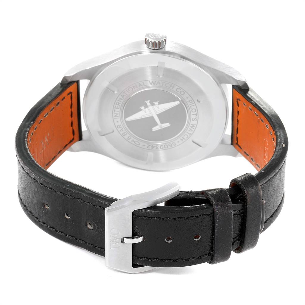 The image shows the back of the IWC Pilot IW327001 Men's Stainless Steel Black Dial IW327001 Men's Stainless Steel Black Dial model watch, highlighting the case back, crown, and leather strap with a visible buckle.